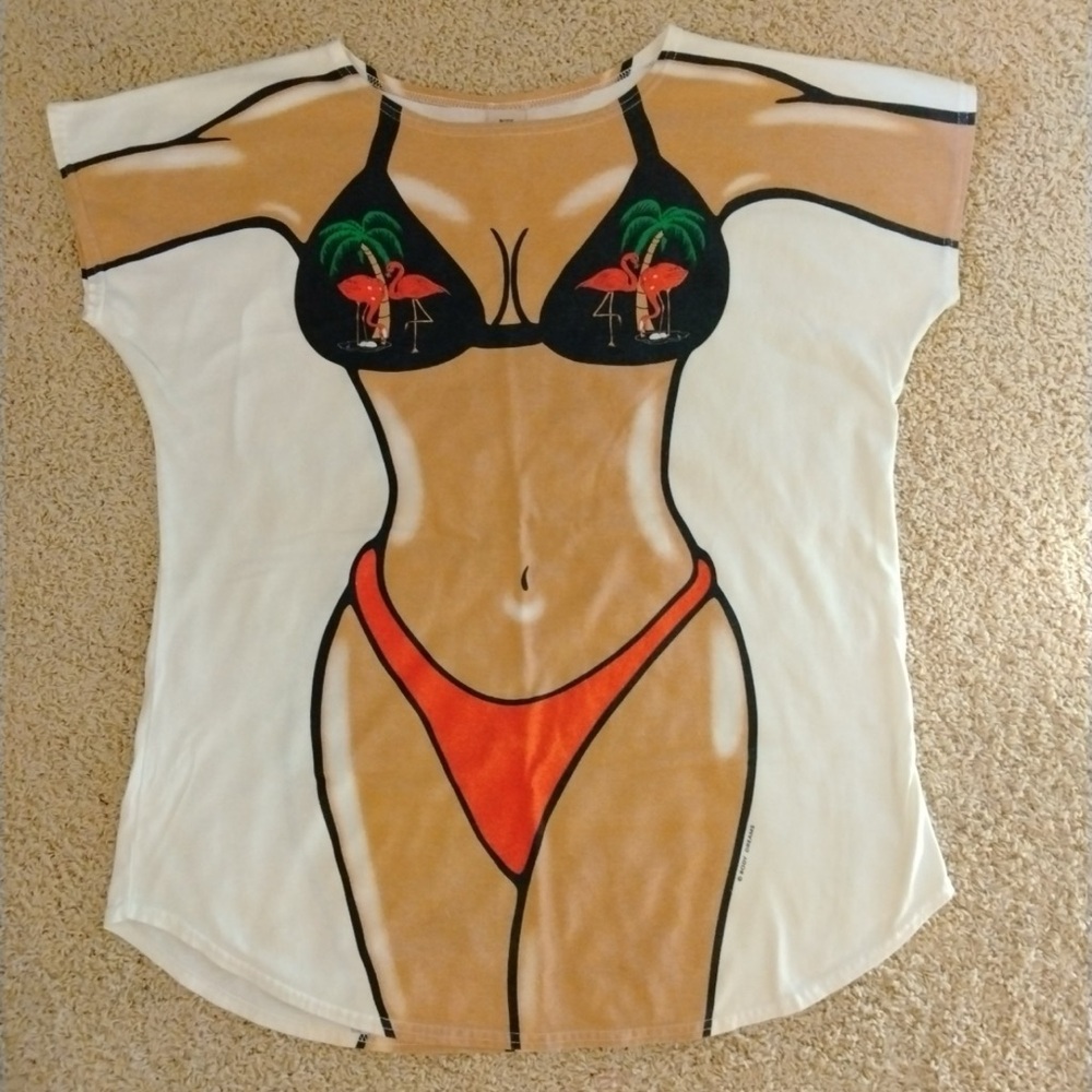 Vintage 🦩 Bikini Print Illusion Cover Up Top for pool, beach, sleep, party wear